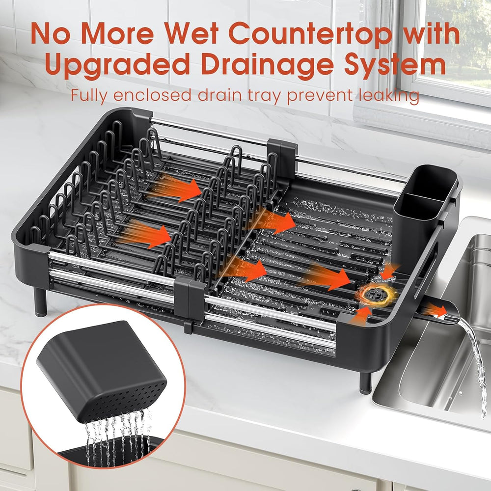 TOOLF Expandable Dish Drying Rack for Kitchen Counter, Standard, Black