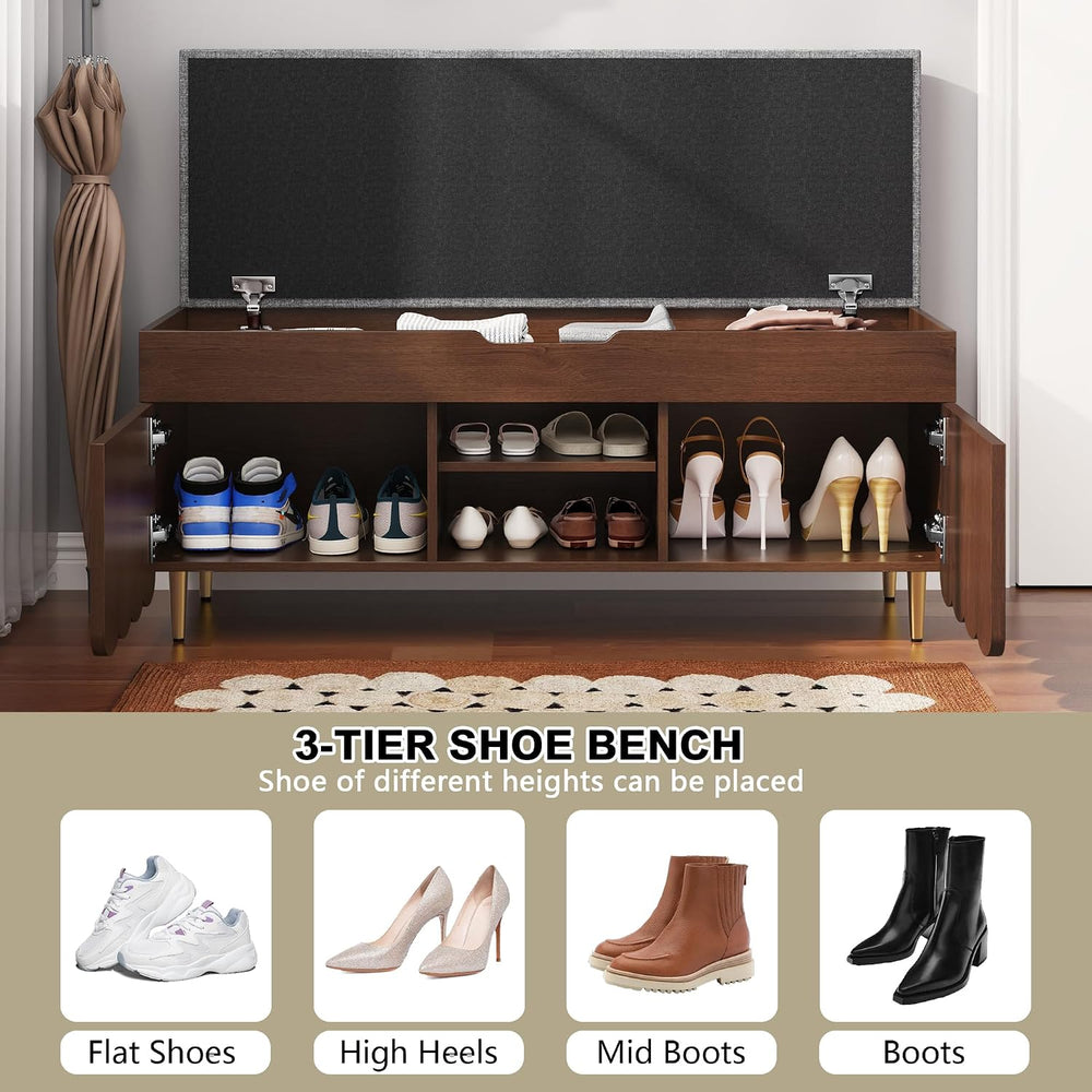 3More 40" Upholstered Flip Top Entryway Shoe Bench, Walnut