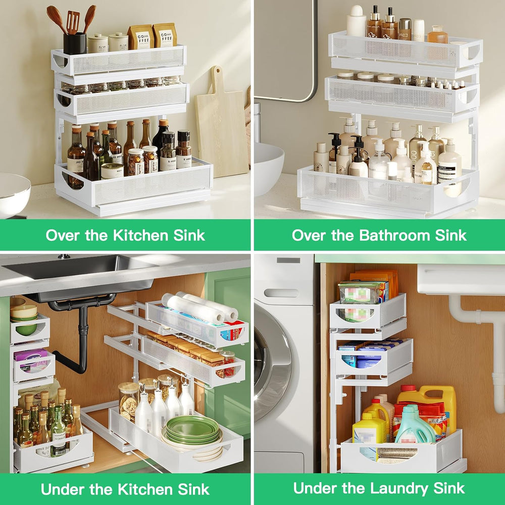 Under Sink Organizer, 2-Pack 3-Tier Pull Out Cabinet Organizers and Storage