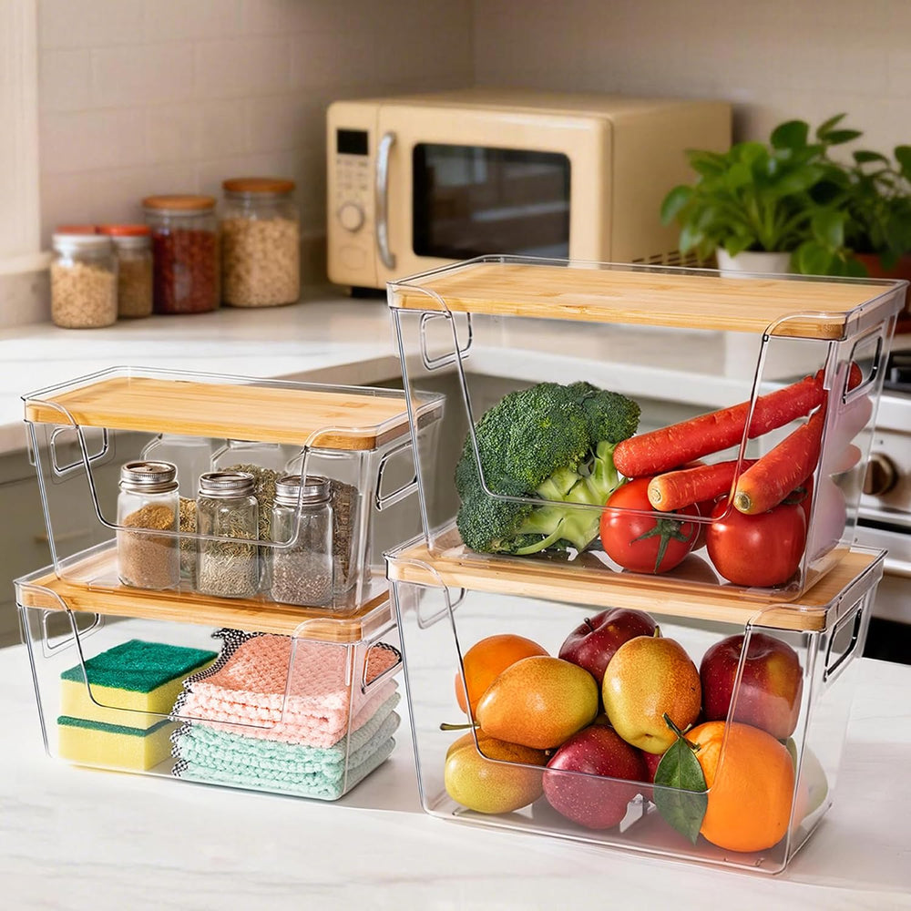 Criusia 2 Large and 2 Small Pantry Organizers and Storage with Bamboo Lids, S...