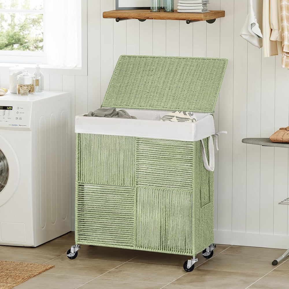 WOWLIVE Double Laundry Hamper with Wheels, Handwoven Rolling Laundry Basket