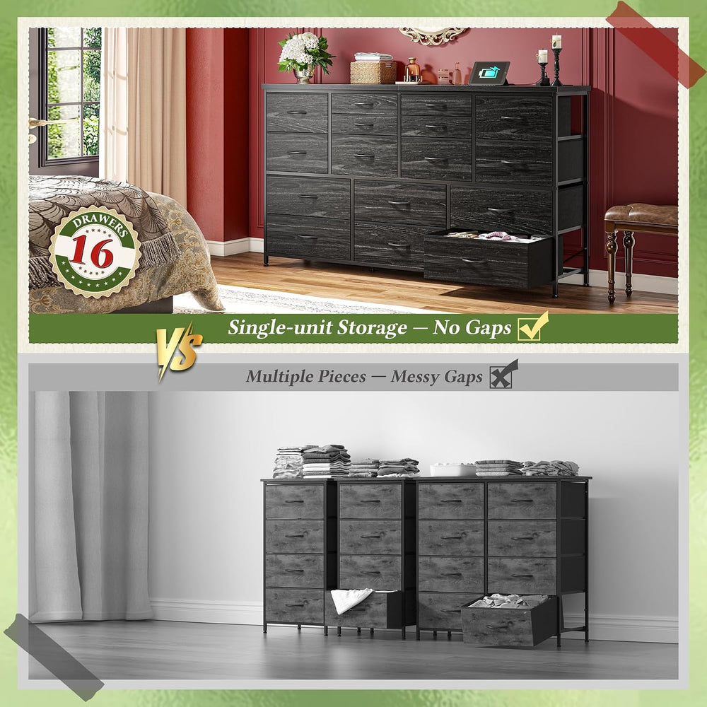 Romorgniz Long Dresser with 16 Fabric Drawers, TV Stand & Charging Station