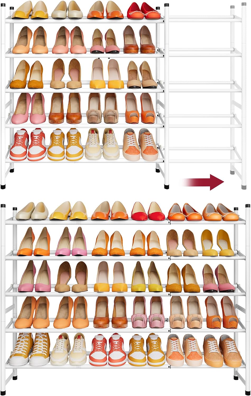 Tajsoon Expandable Shoe Rack for Closet 5 Tier, 28“-41“Stackable, White