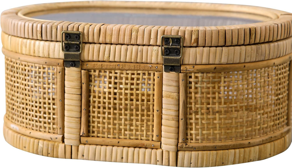 SOFE Oval Rattan Boxes with Glass Lid Set of 2, Handwoven Boho Storage Bins