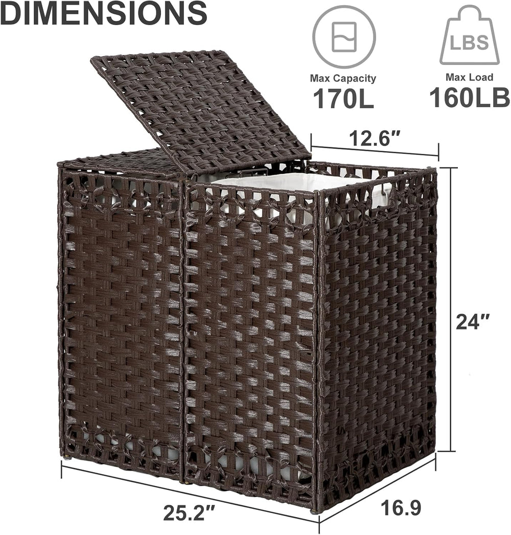 170L Foldable Laundry Hamper with Lid - Handwoven Rattan Storage Basket, 2-Se...