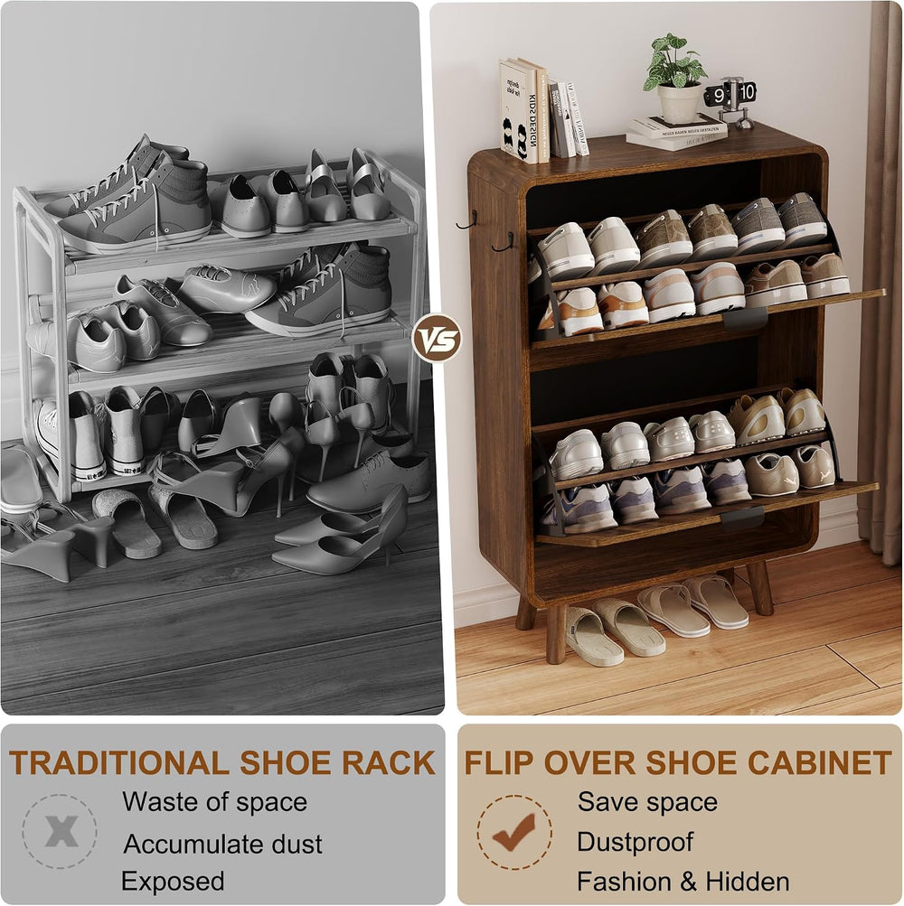 3imothrix Fluted Shoe Cabinet for Entryway with 2 Flip Drawers, Walnut