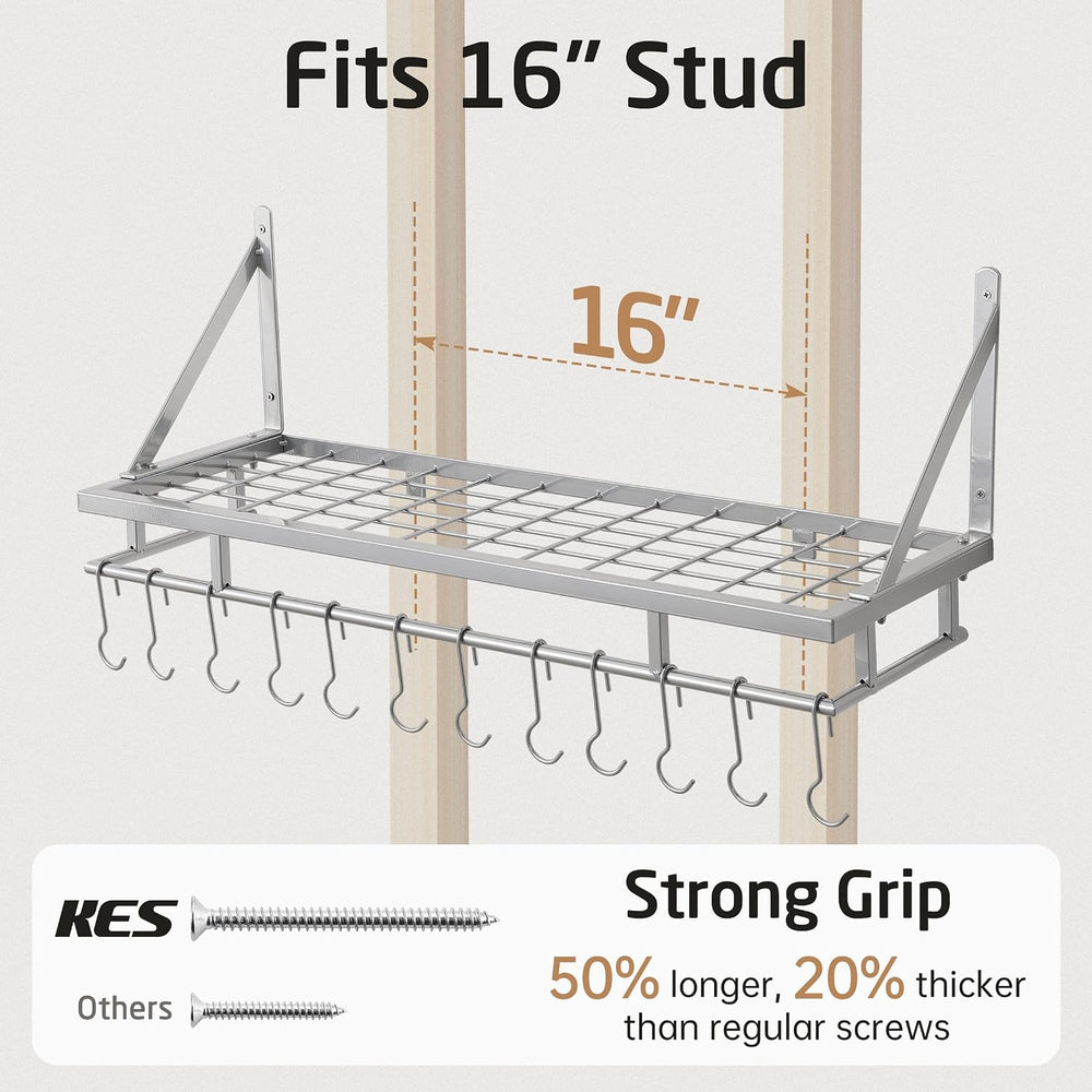 KES 30-Inch Silver Gray Pot Rack with 12 Sturdy Hooks, Wall Mounted