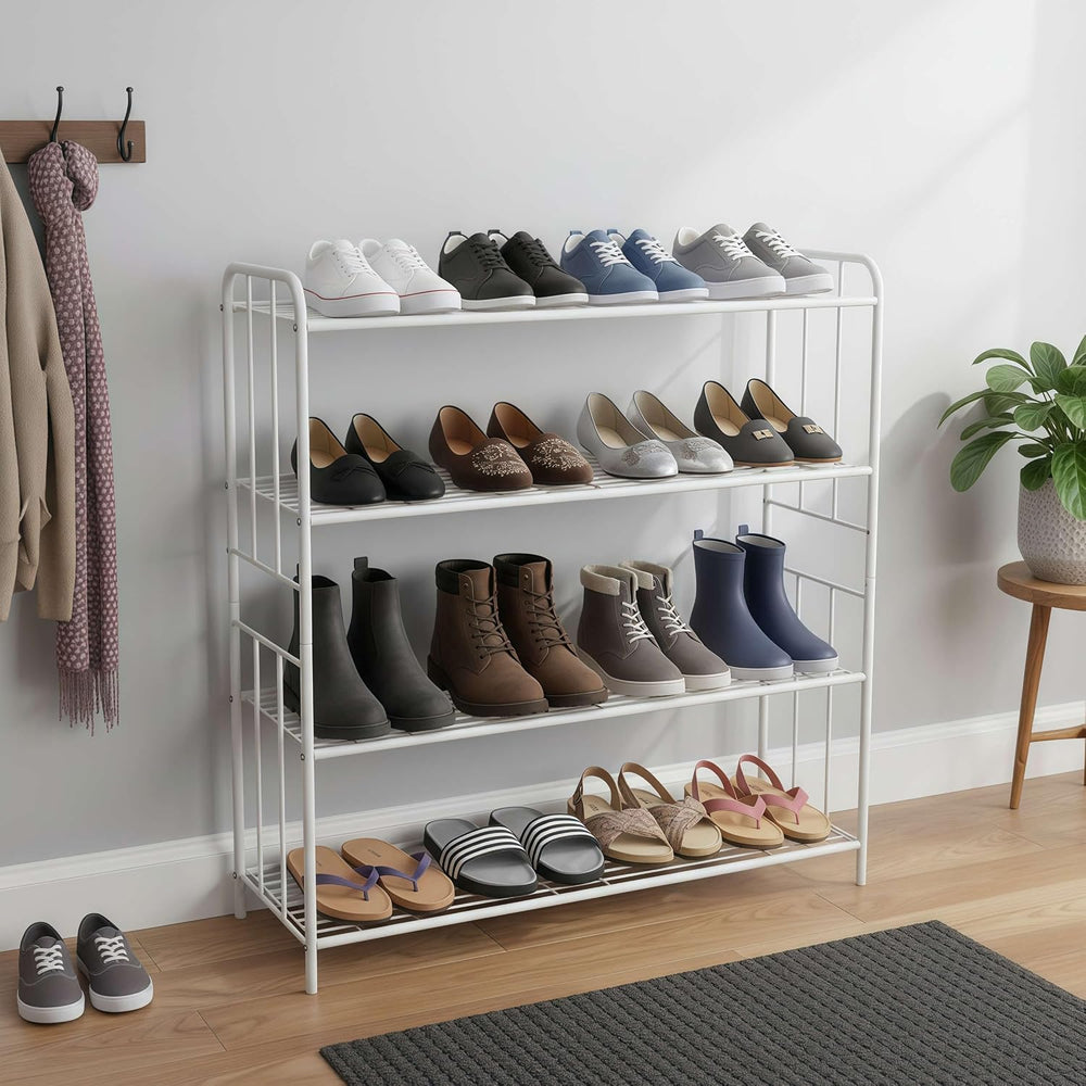 HOSY 4-Tier Metal Shoe & Boot Rack, Standing Adjustable White Utility Shelf