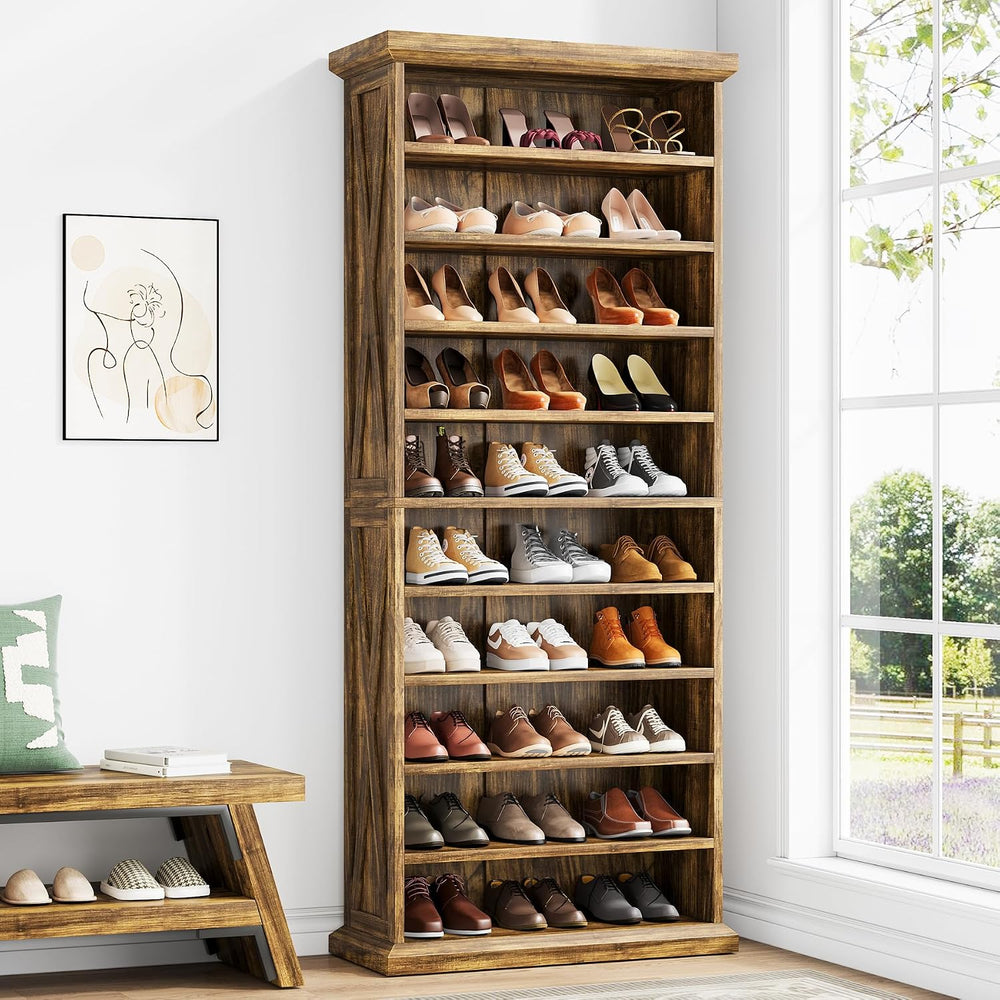 10-Tier Wooden Shoe Rack with 8 Adjustable Shelves, Rustic Brown