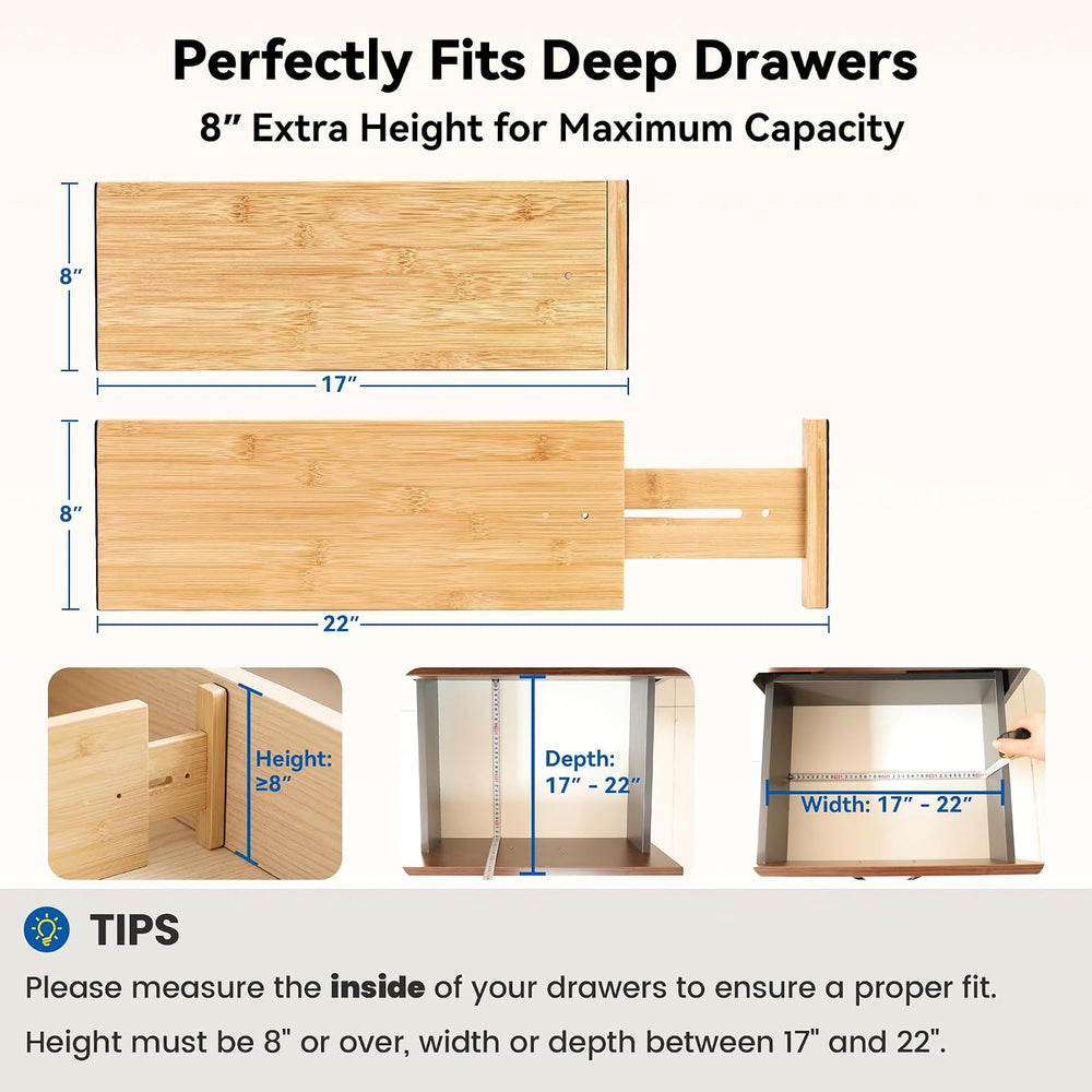 4 Pack 8" Deep Bamboo Drawer Dividers, 17-22" Expandable Kitchen Or...