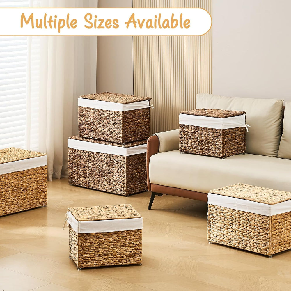 Storage Basket with Lid, Woven Wicker Shelf Basket with Removable Liner, Meta...