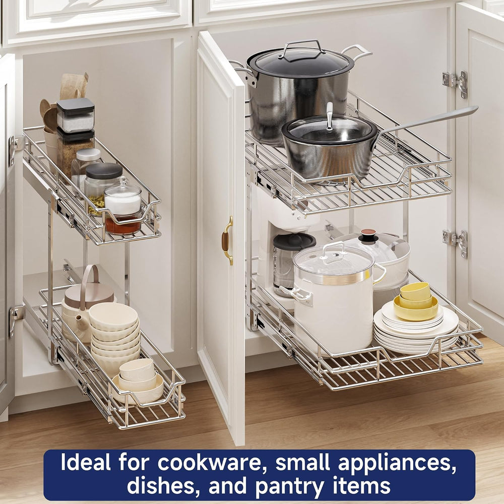 2-Tier Pull Out Cabinet Organizer, 13.5" W x 21.5" D, Heavy Duty Du...