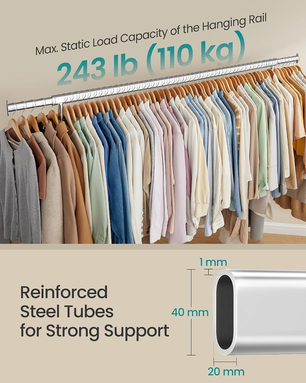 SONGMICS Clothes Rack with Wheels, Heavy-Duty, Extendable Hanging Rod