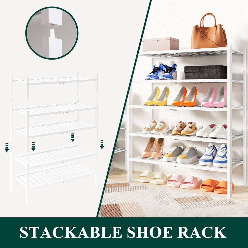 Smiry Bamboo Shoe Rack, 14 Vertical Slats, 6 Tier - 26.8" Wide, White