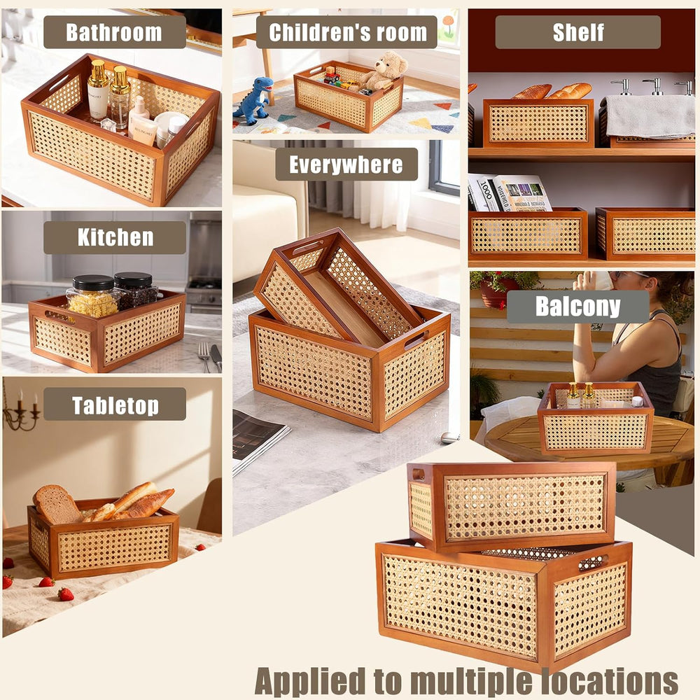 Rattan Storage Baskets Set, Wooden Frame with Woven Cane Design, Nesting Orga...