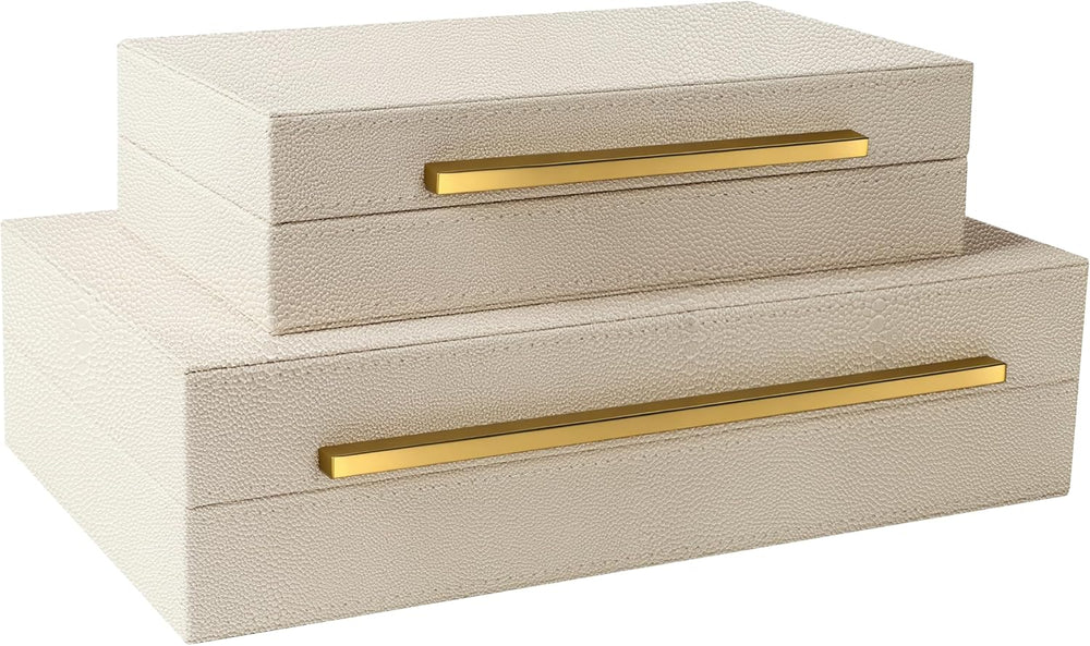 Sagala Set of 2 Beige Shagreen Decorative Boxes With Gold Metal Handles, Faux...