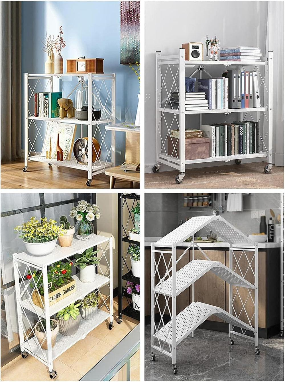 3-Tier Foldable Standing Shelf Units with Wheels, Industrial Style, Heavy Dut...