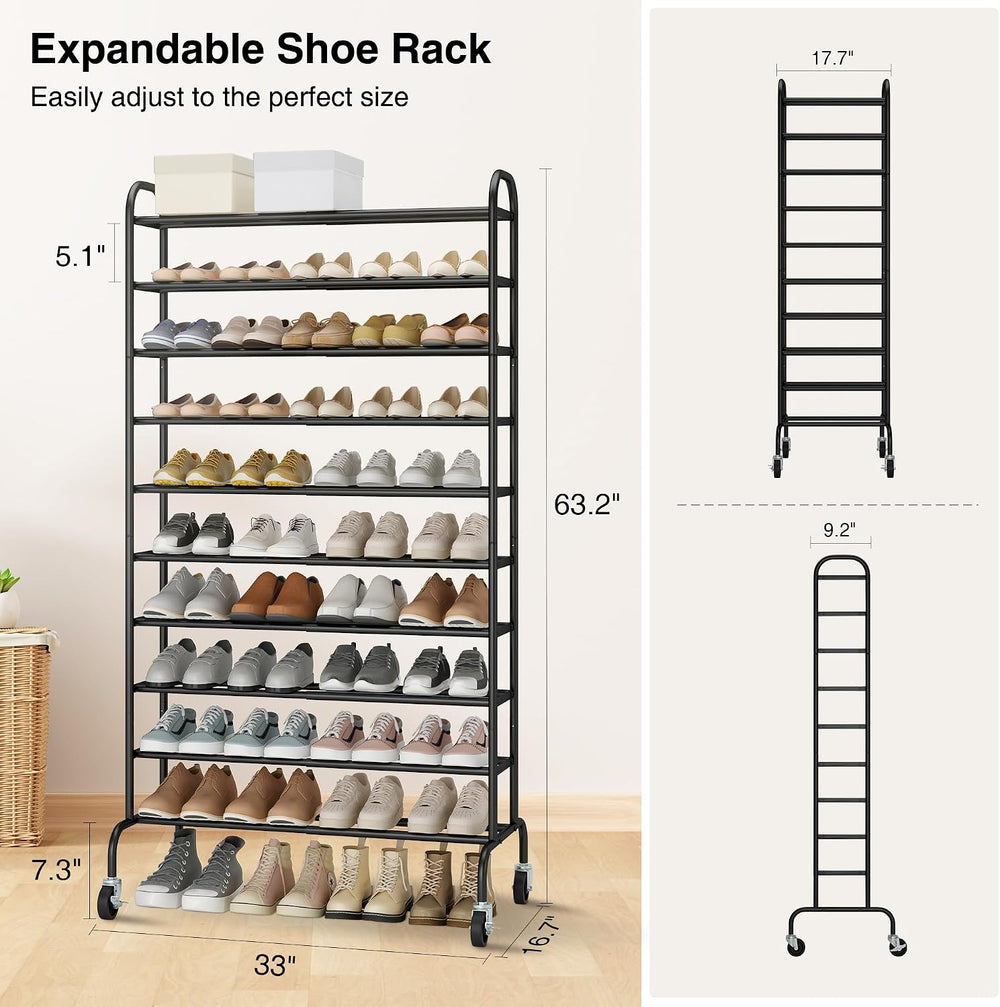 STO STO Expandable Shoe Rack, 10-Tier Metal Tall Shoe Rack for Garage, Up to ...