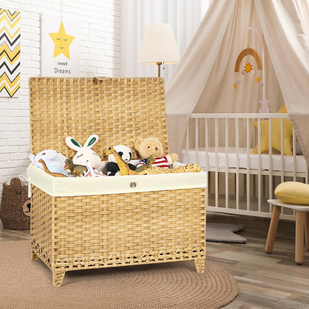 Wicker Storage Basket with Lid, 200L Storage Bin with Removable Liner Bag