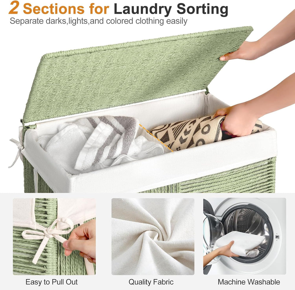 WOWLIVE Double Laundry Hamper with Wheels, Handwoven Rolling Laundry Basket