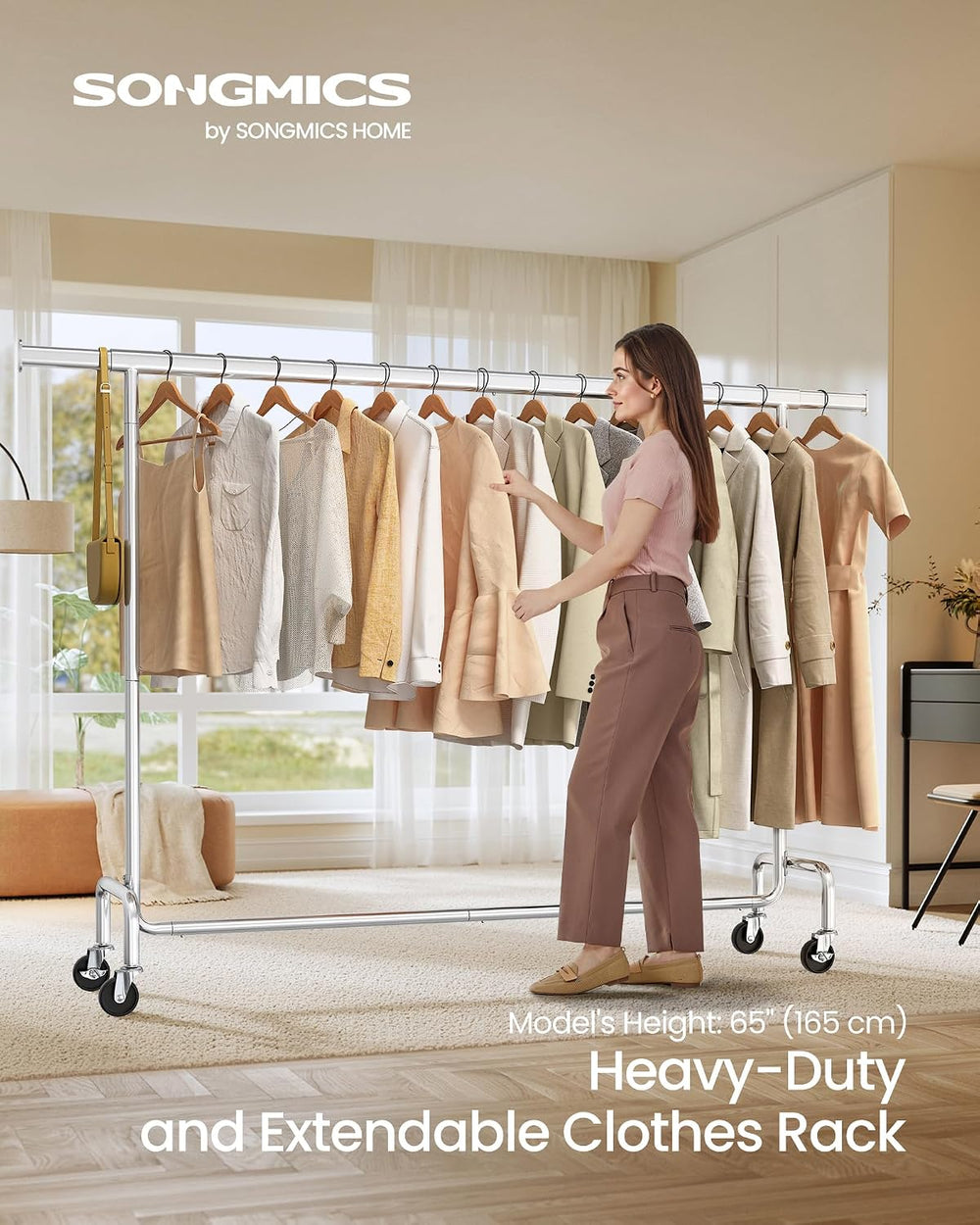 SONGMICS Clothes Rack with Wheels, Heavy-Duty, Extendable Hanging Rod