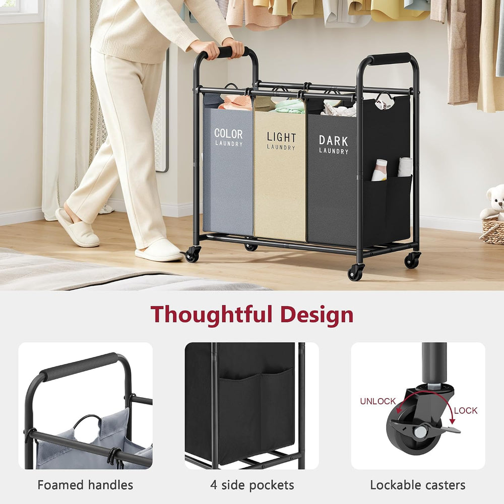 Tajsoon 3 Bag Laundry Sorter Cart, Laundry Hamper 3 Section, 3 Colors