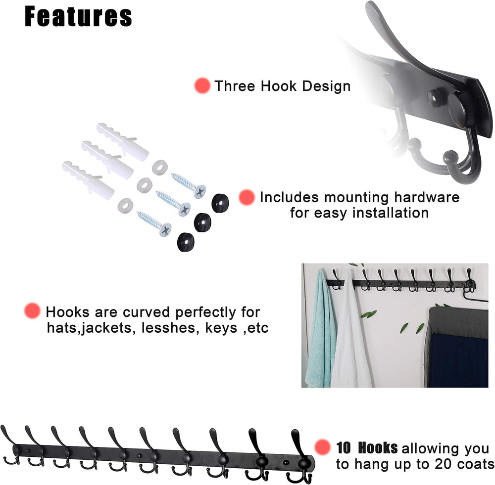 Dseap Coat Rack Wall Mount - 38” Long 10-Tri-Hooks Heavy Duty Coat Hanger Rai...
