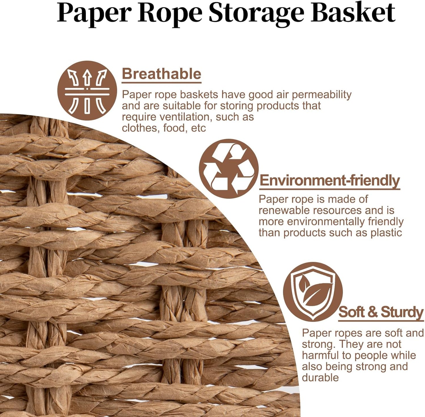 OIAHOMY Scalloped Wicker Baskets, Hand-woven Storage Baskets with Built-in Handles, Paper Rope Shelf Baskets for Organizing and Decoration, Set of 3-Yellow
