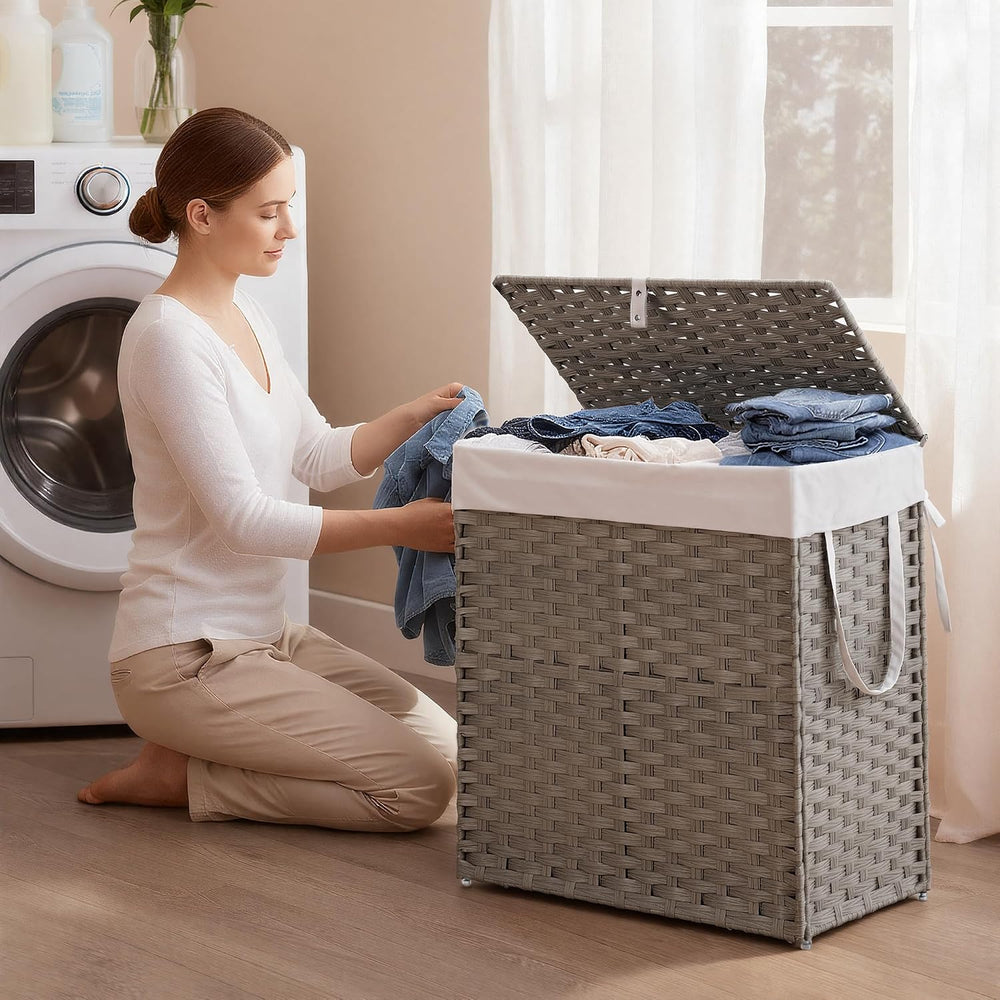 Woven Laundry Hamper with Lid, Large Rattan Clothes Hamper with Removable Mac...