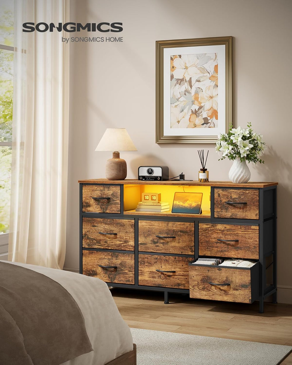 SONGMICS Dresser for Bedroom with Outlets & LED Lights, 8 Fabric Drawers