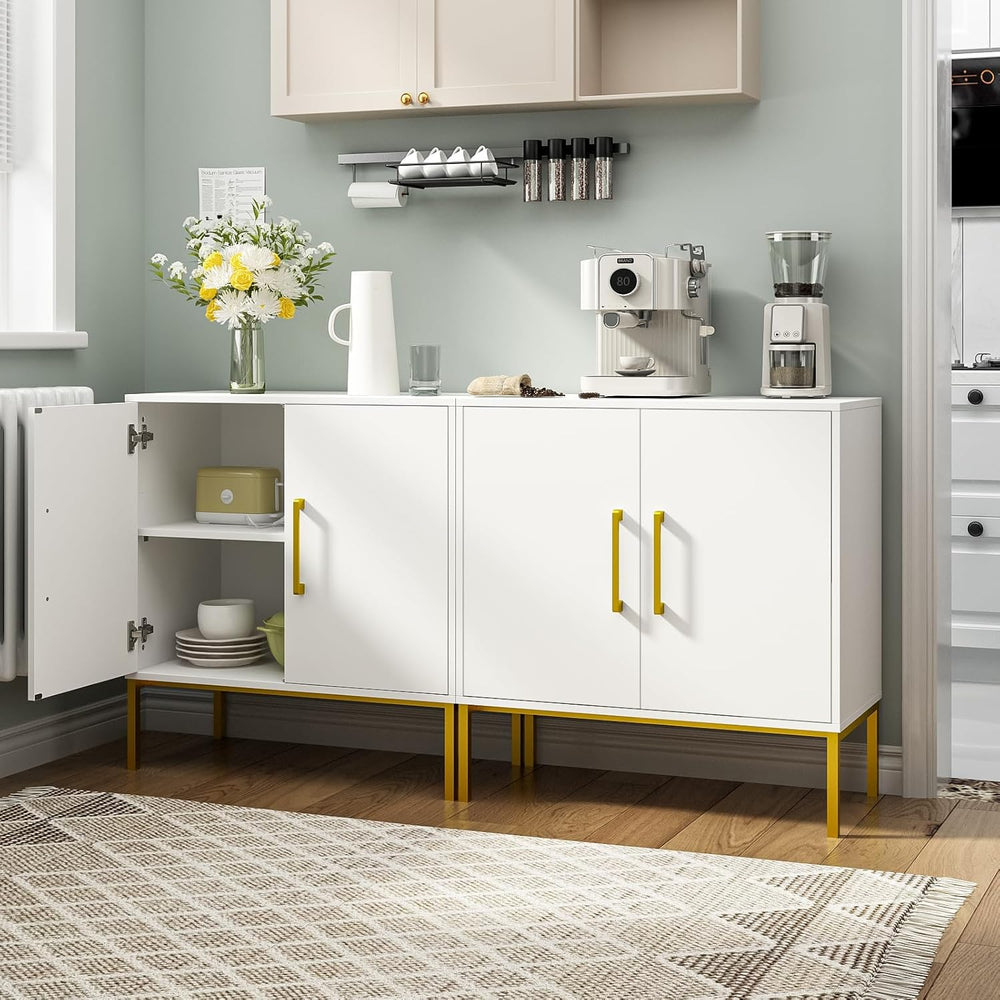 3 Set of Storage Buffet Cabinet with Gold Handles and Metal Legs, White丨Frees...