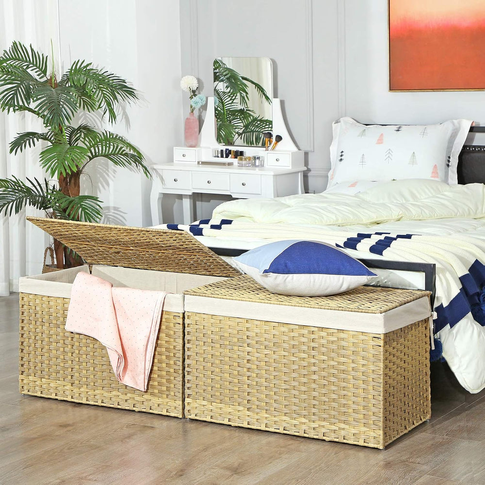 SONGMICS Woven Storage Basket with Lid, 42.3 Gallon (160L), Foldable
