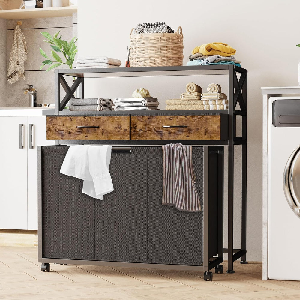 150L Laundry Sorter Hamper 3 Section with 2 Shelves & 2 Drawers
