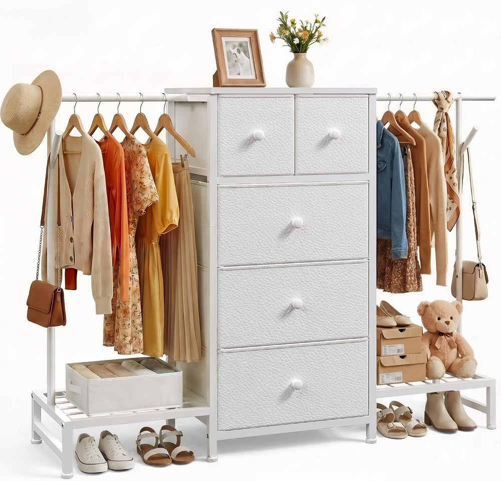 Romorgniz 3-in-1 White Dresser with Hanging Rack, 5 Drawers & 2 Shoe Racks