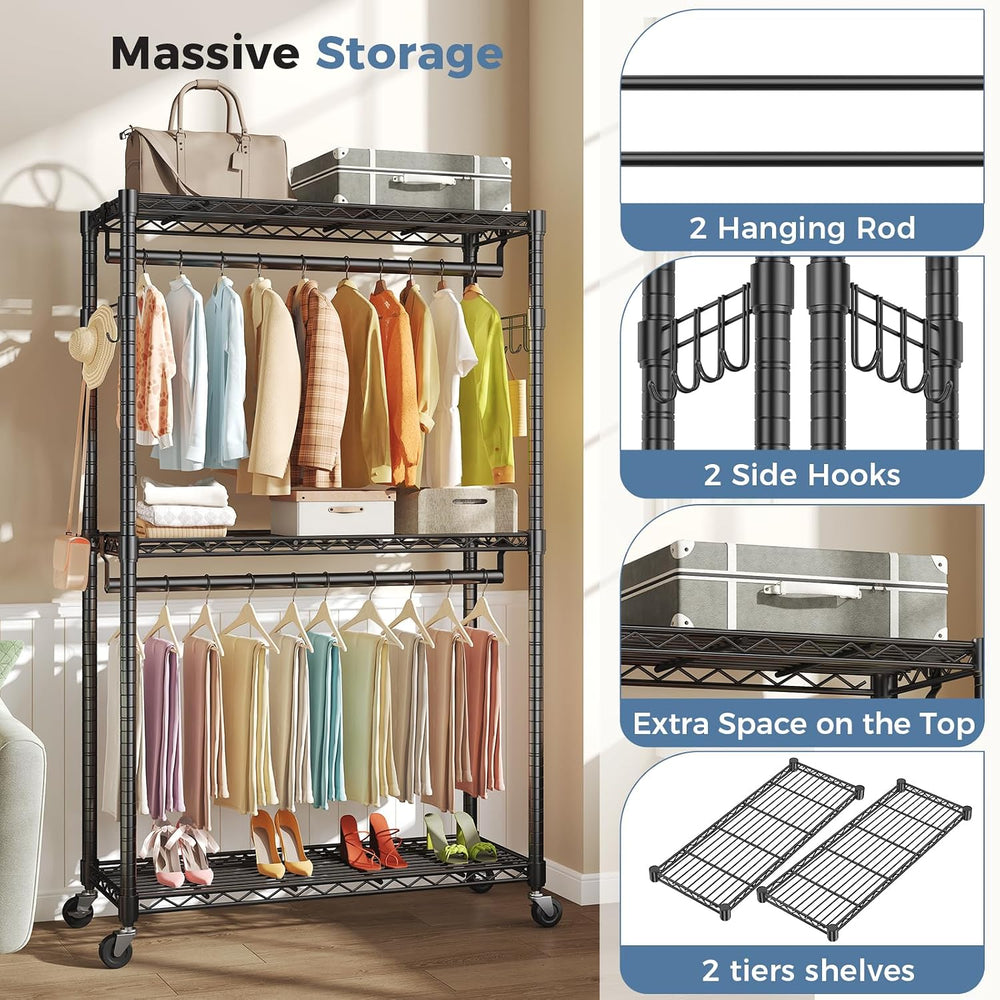 OLIXIS Rolling Clothes Rack, Heavy Duty Garment Rack, 47.2 IN, Black