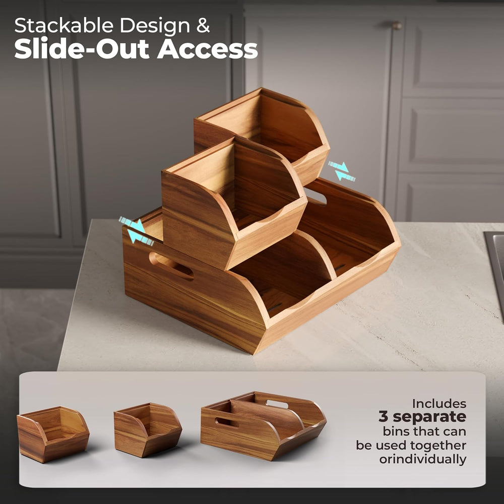 Acacia Wood Pantry Storage Bins - Stackable Open Front Kitchen Baskets