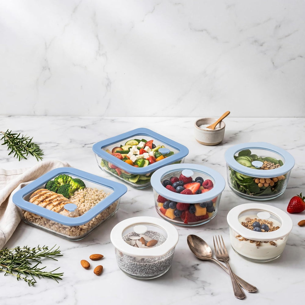 Urban Green Glass Food Container Set with Silicone Glass Lid, Square & Ro...