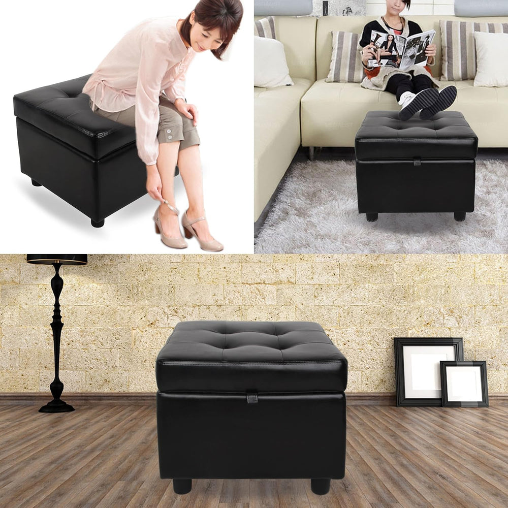 H&B Luxuries Tufted Leather Square Flip Top Storage Ottoman Cube Foot Res...