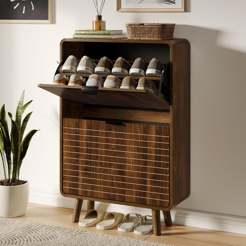 3imothrix Fluted Shoe Cabinet for Entryway with 2 Flip Drawers, Walnut