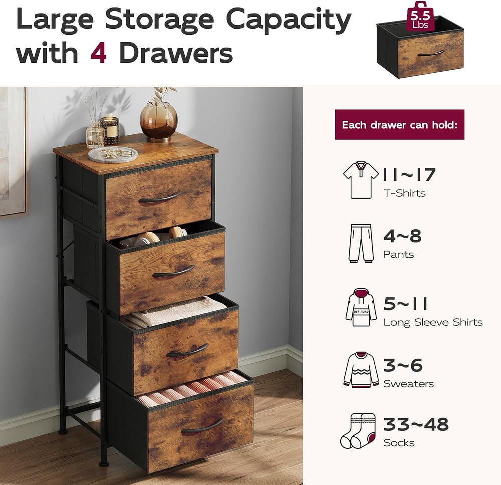 WLIVE Small Dresser Nightstand for Bedroom, 4 Drawers, Rustic Brown