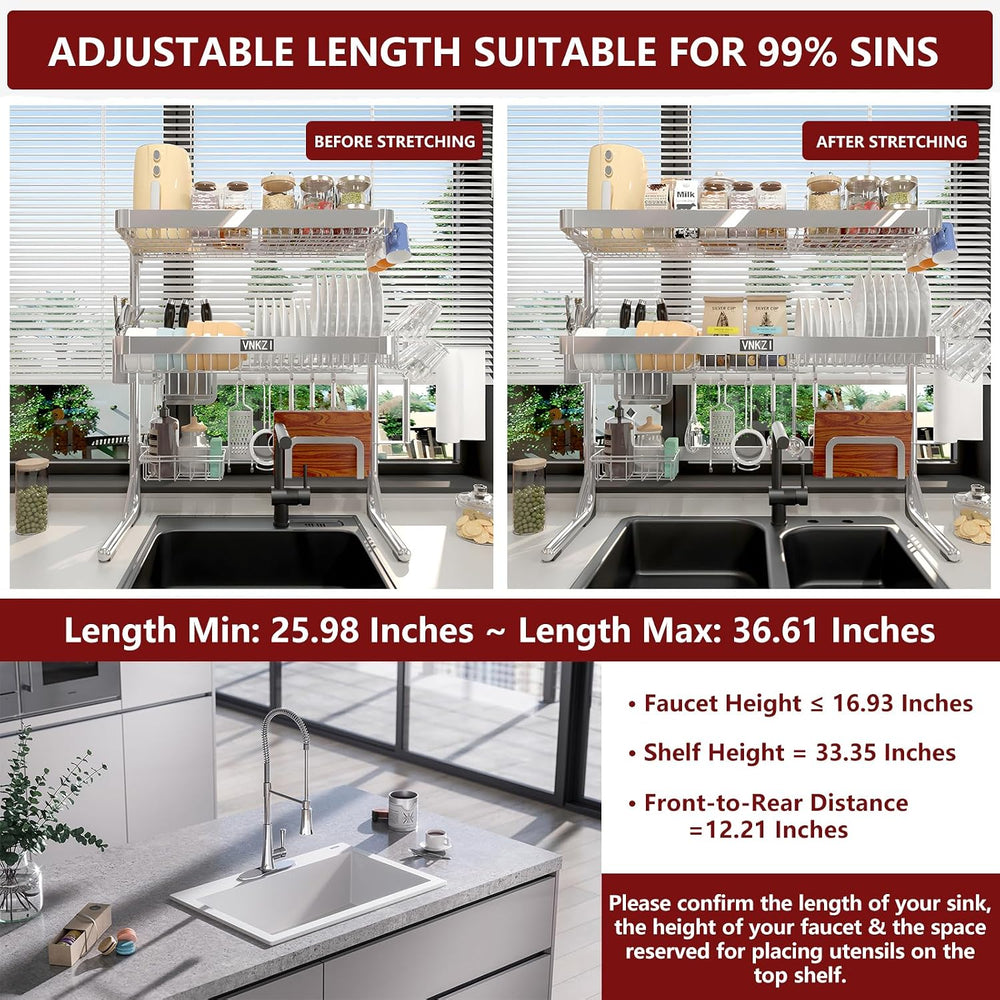 VNKZI Over Sink Dish Drying Rack, 3 Tier Full Stainless Steel Storage Adjusta...