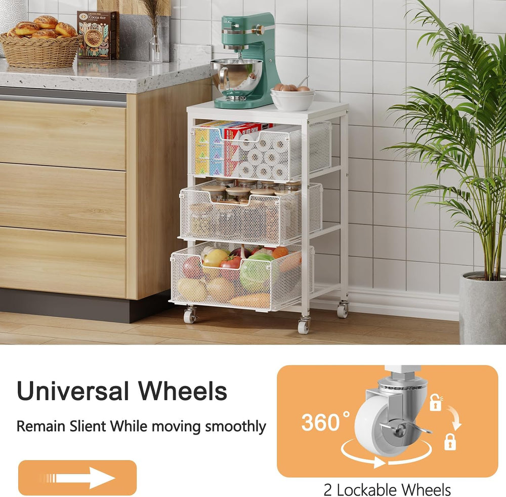 Kitchen Cart with Storage, 3-Tier Pantry Organizer and Storage Cart with Draw...