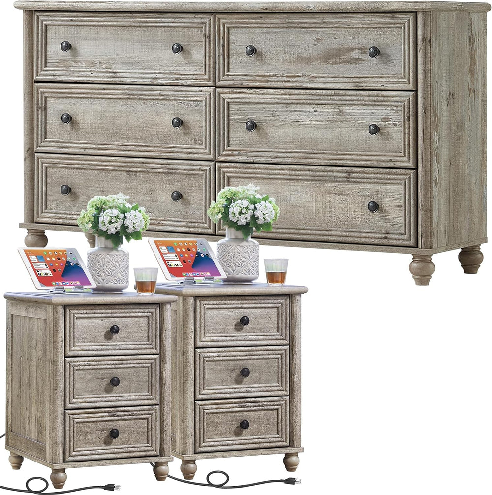 Farmhouse Dressers & Night Stand Set of 3, Wood 54'' Wide Dresser...