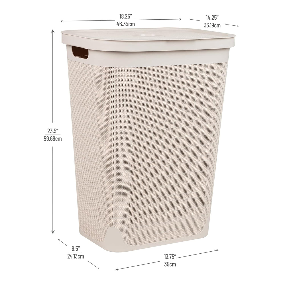 Mind Reader 60L Slim Laundry Hamper, Clothes Basket, Lid, Linen Design, Plast...