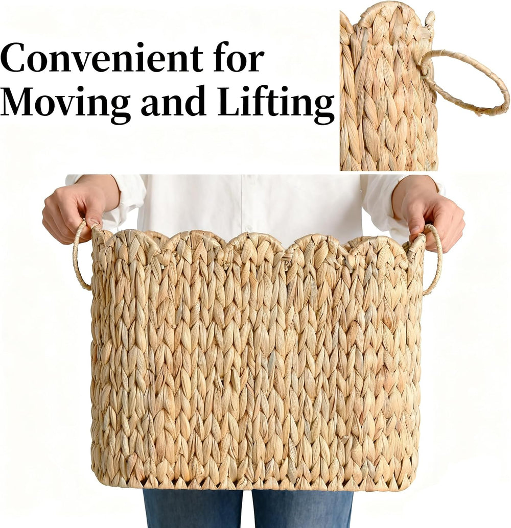 Narrow Wicker Toilet Paper Holder Basket with Lid, Scalloped Wicker Storage B...