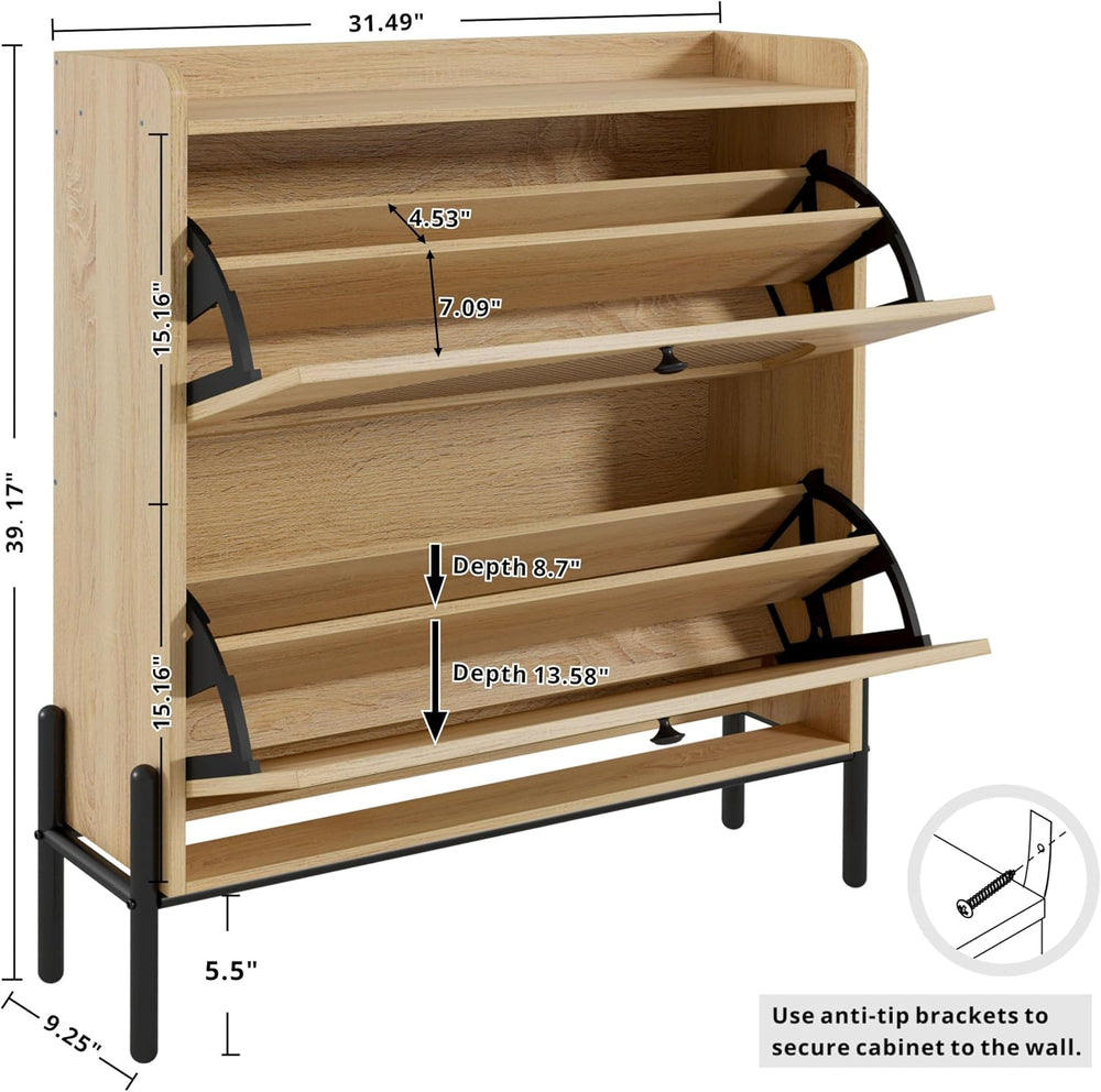 IRONCK Rattan Shoe Cabinet Storage with 2 Flip Drawers, Oak