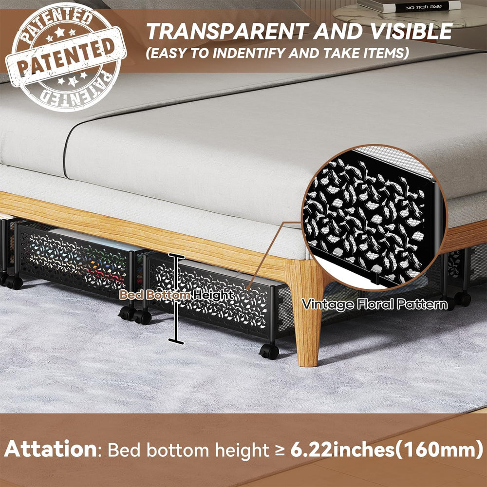 PHINOX Under Bed Storage with Wheels,Patterned,Sturdy Metal,4 Pack,Black