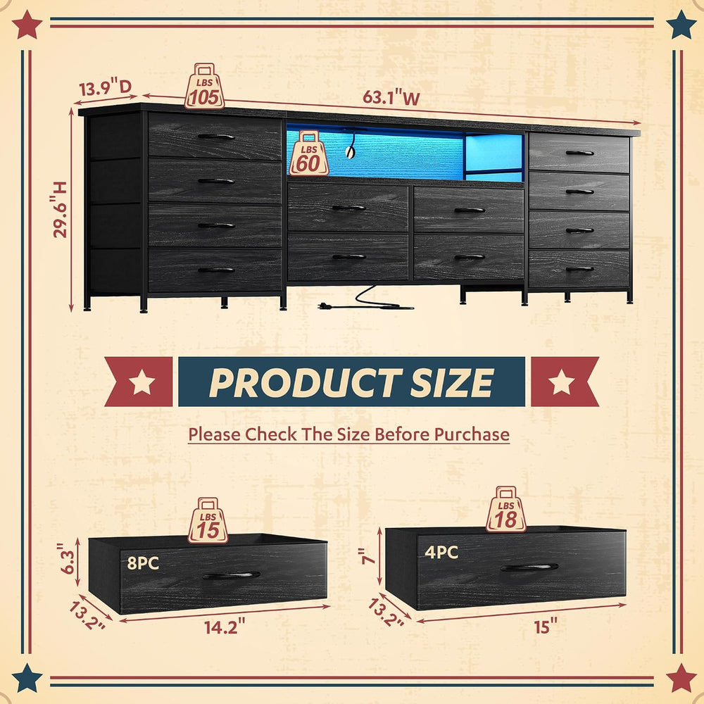 Romorgniz 63" W Dresser for Bedroom, Long Dresser with 12 Fabric Drawers