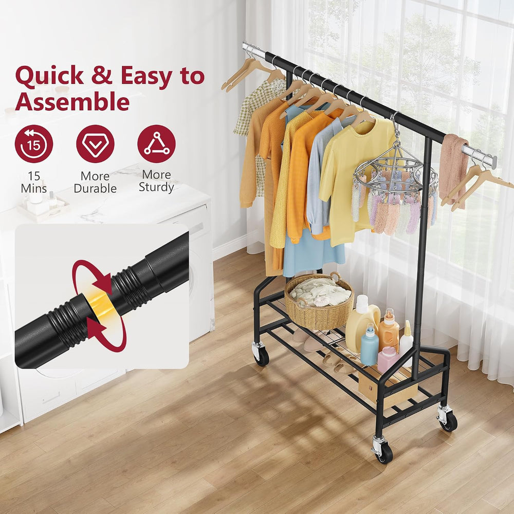 Tajsoon Clothing Rack with 2 Shelves, Metal Heavy Duty Load 350 LBS, Black