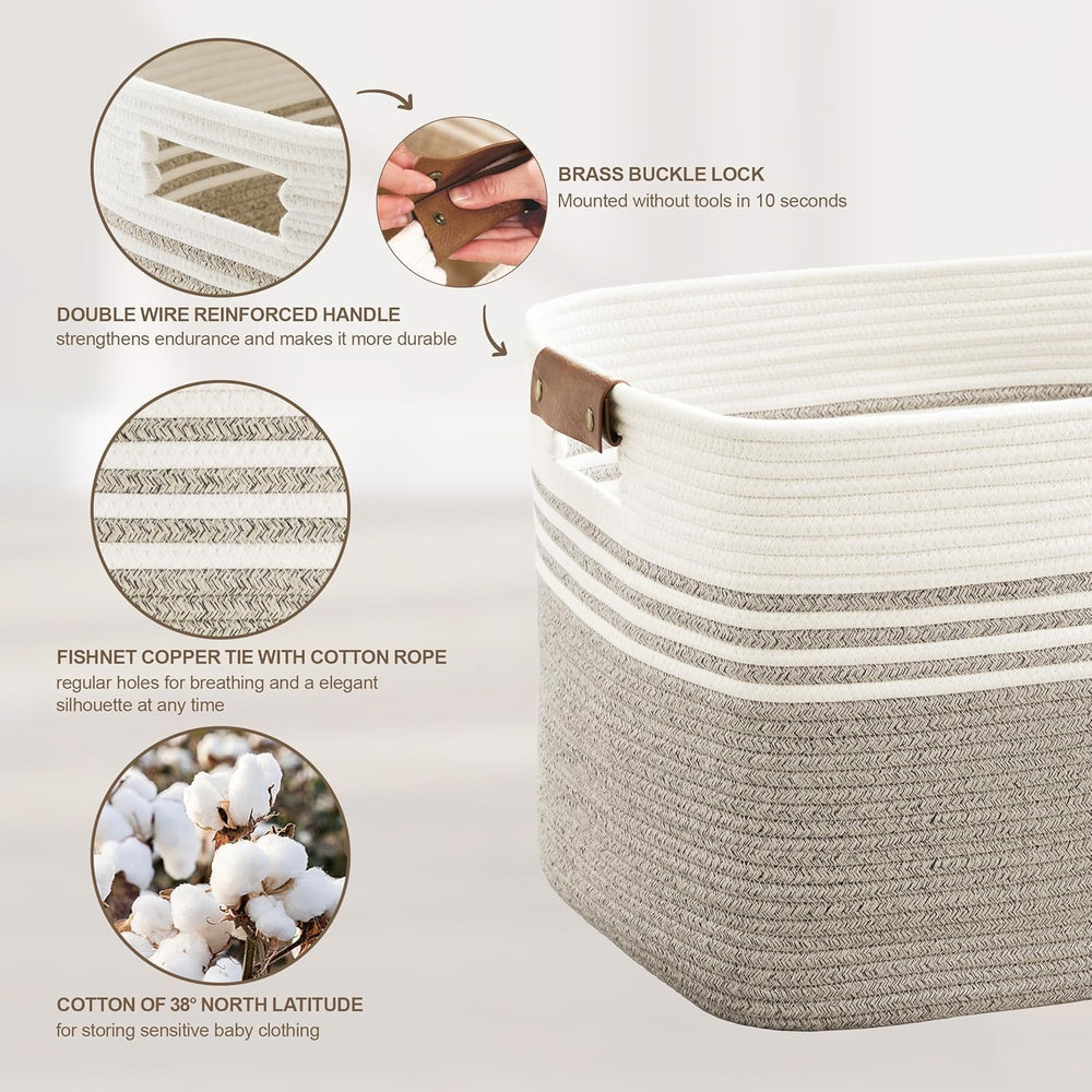 100L Large Woven Laundry Basket Hamper with Leather Handles,Brown